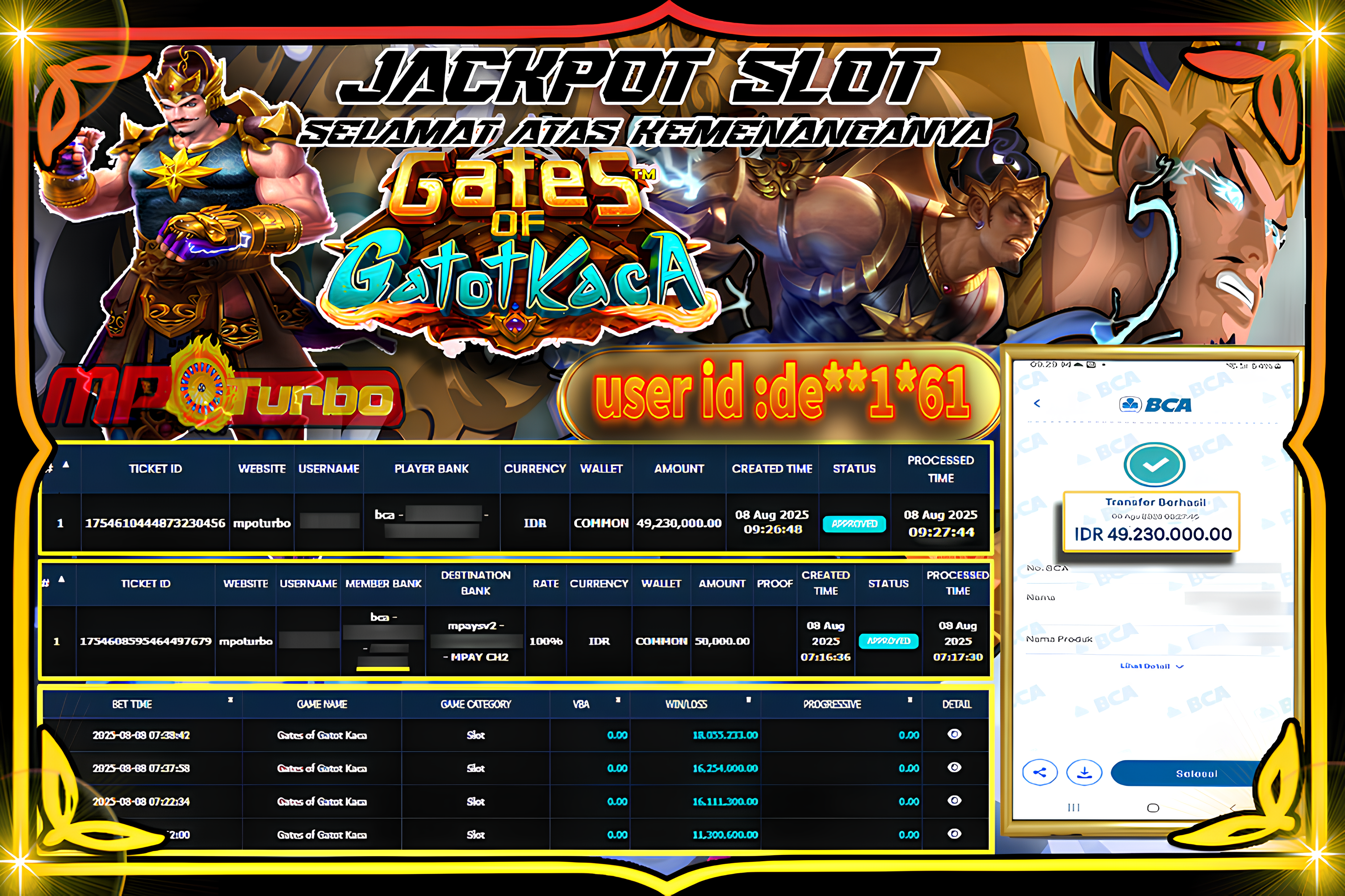 MPOTURBO JACKPOT SLOT GATES OF GATOT KACA Rp 49.230.000.00,- LUNAS
